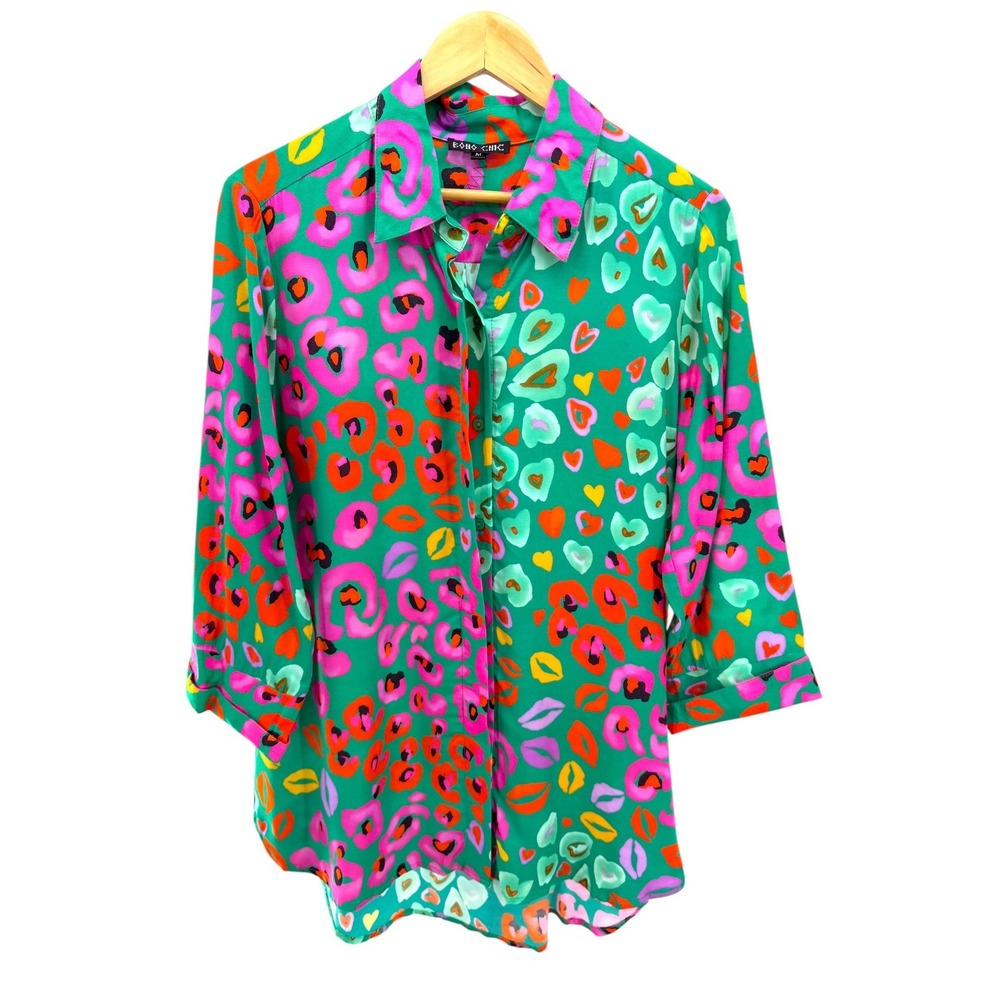 Boho Chic Multi Color Animal Heart Print Button Front Tunic Blouse Size M